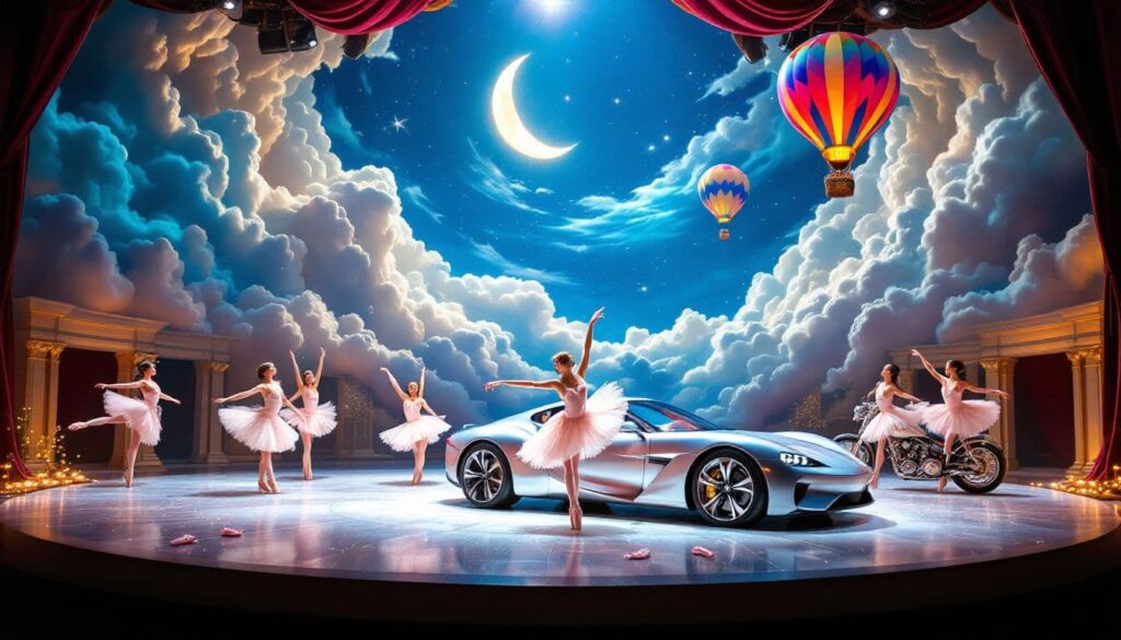 Kostüme und Fahrzeuge, die in einer Ballettaufführung zusammenkommen.